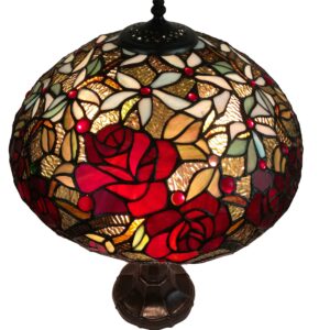 Tiffany Style Table Lamp Banker 24" Tall Stained Glass Yellow Brown Red Floral Roses Vintage Light Décor Nightstand Living Room Bedroom Office Handmade Gift AM1535TL16B Amora Lighting