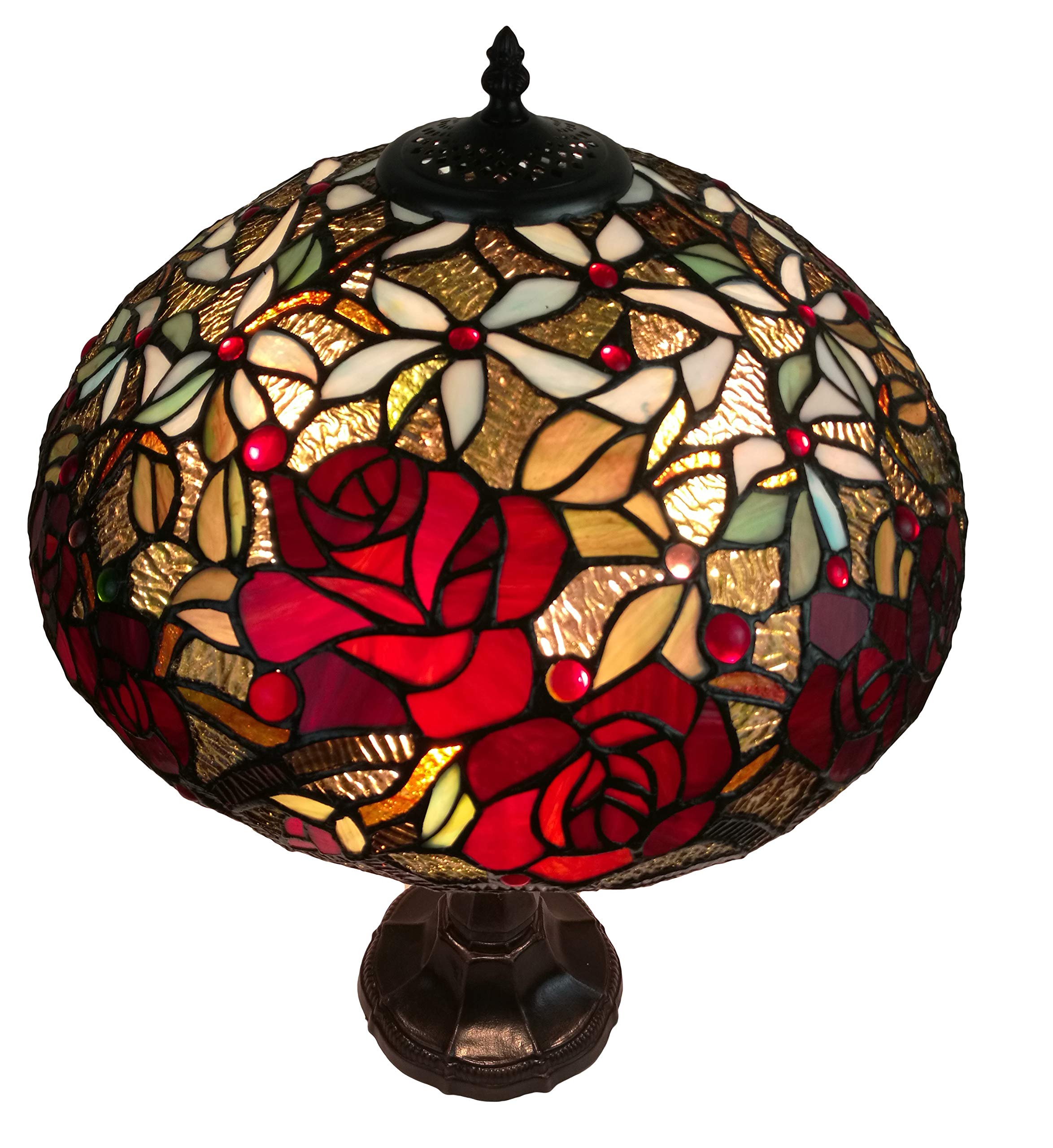 Tiffany Style Table Lamp Banker 24" Tall Stained Glass Yellow Brown Red Floral Roses Vintage Light Décor Nightstand Living Room Bedroom Office Handmade Gift AM1535TL16B Amora Lighting