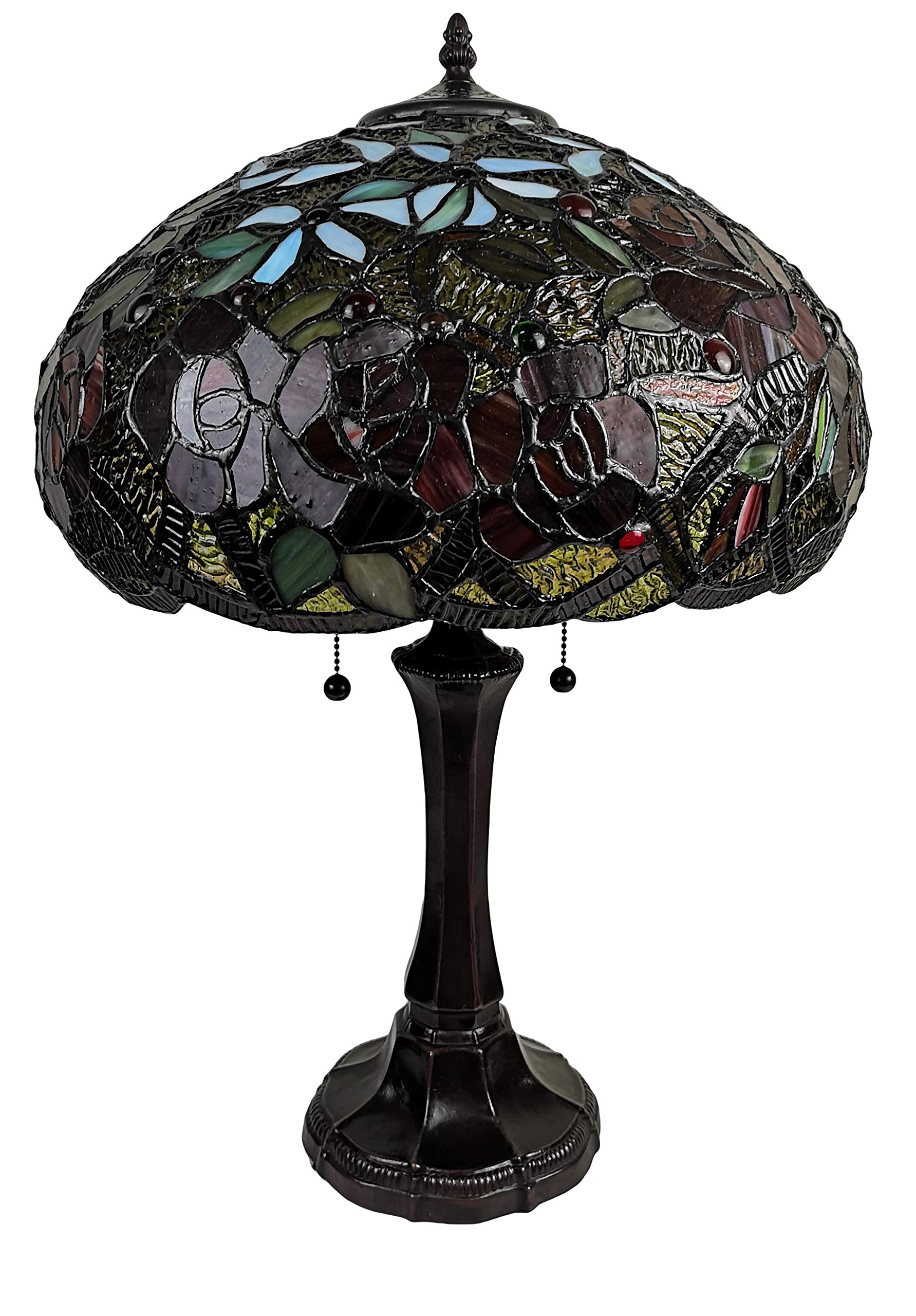 Tiffany Style Table Lamp Banker 24" Tall Stained Glass Yellow Brown Red Floral Roses Vintage Light Décor Nightstand Living Room Bedroom Office Handmade Gift AM1535TL16B Amora Lighting