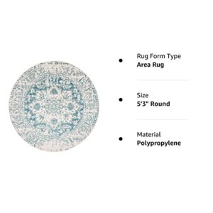 SAFAVIEH Madison Collection 5'3" Round Teal / Ivory MAD603J Oriental Snowflake Medallion Distressed Non-Shedding Dining Room Entryway Foyer Living Room Bedroom Area Rug