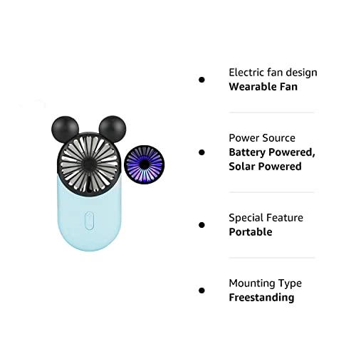 Kbinter Cute Personal Mini Fan, Handheld & Portable USB Rechargeable Fan with Beautiful LED Light, 3 Adjustable Speeds, Portable Holder, for Indoor Or Outdoor Activities, Cute Mouse (Blue)