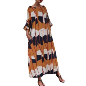 aihihe womens loose long casual plus size dress 3/4 sleeve pocket print kaftan beach maxi long dress(l-5xl)(orange,xl)