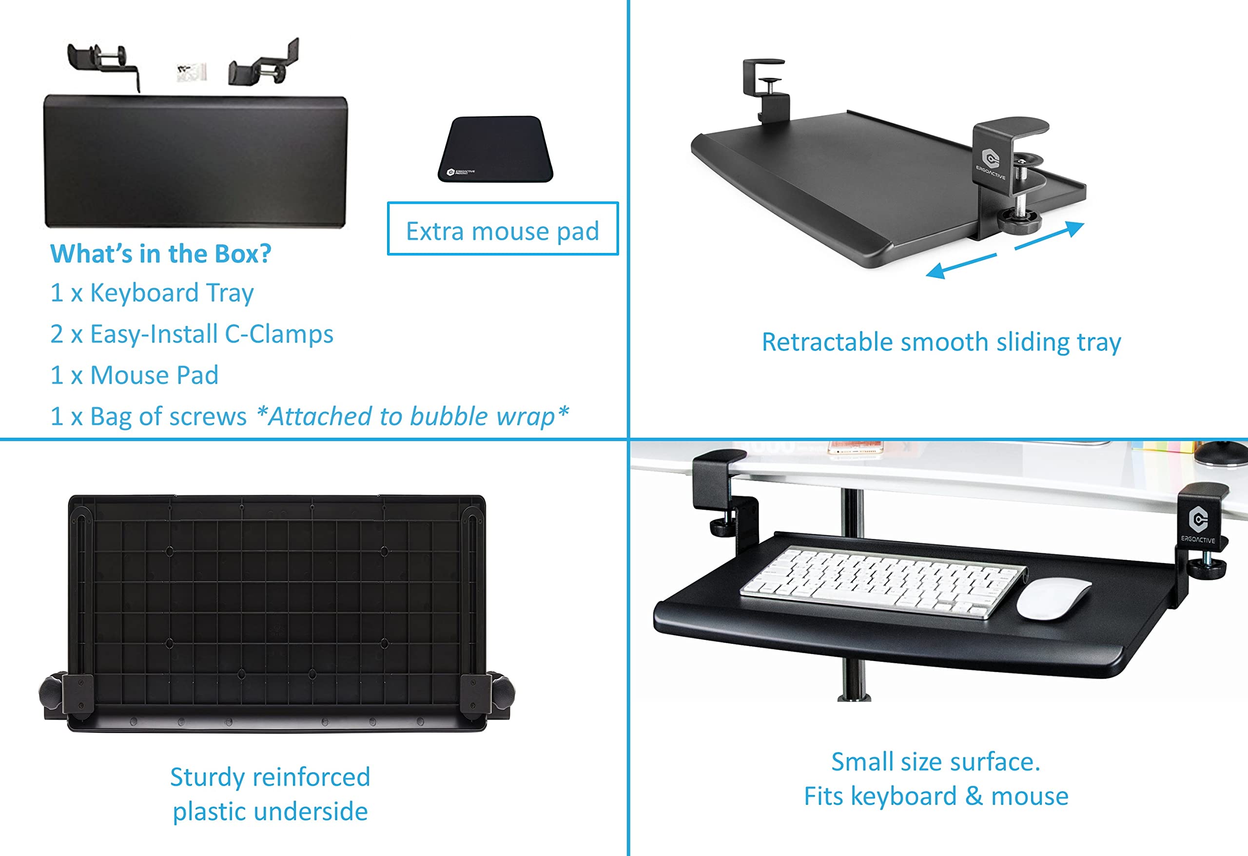 ErgoActive Keyboard Tray Under Desk with Included Mouse Pad and Easy Clamp On Installation, Fits Small Keyboard and Mouse - Small (20" x 11.8”)