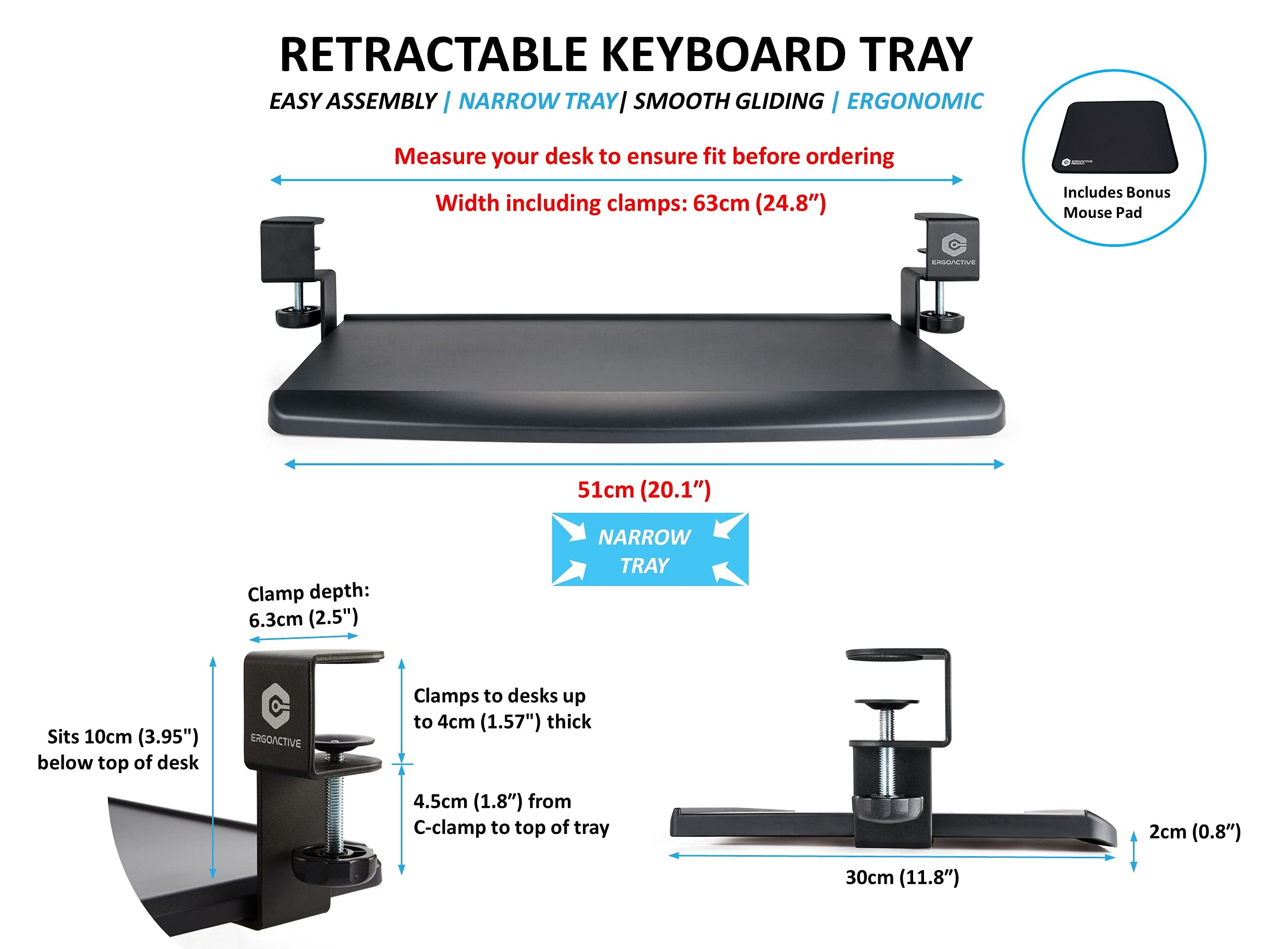 ErgoActive Keyboard Tray Under Desk with Included Mouse Pad and Easy Clamp On Installation, Fits Small Keyboard and Mouse - Small (20" x 11.8”)