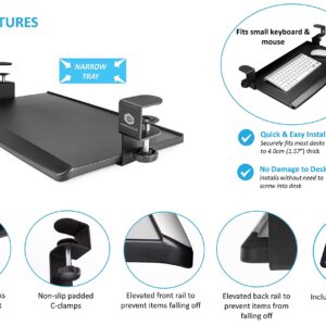 ErgoActive Keyboard Tray Under Desk with Included Mouse Pad and Easy Clamp On Installation, Fits Small Keyboard and Mouse - Small (20" x 11.8”)