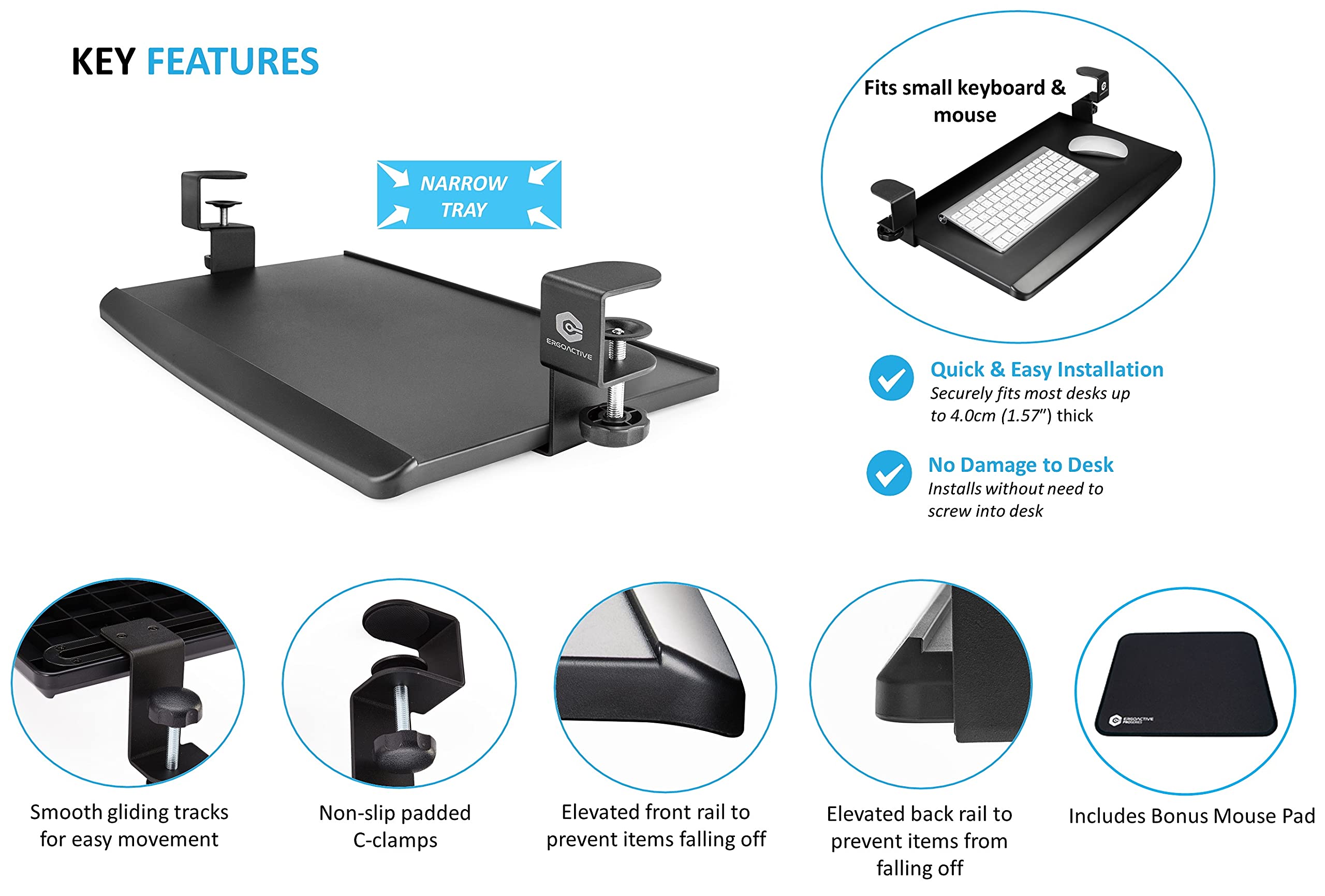 ErgoActive Keyboard Tray Under Desk with Included Mouse Pad and Easy Clamp On Installation, Fits Small Keyboard and Mouse - Small (20" x 11.8”)