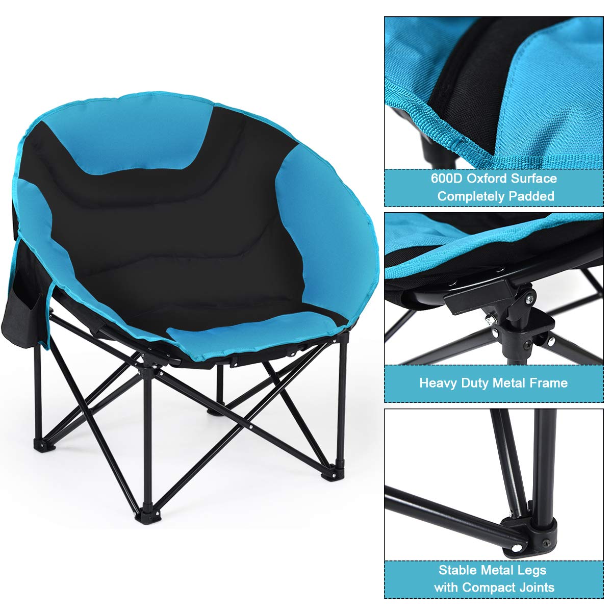 Giantex Folding Camping Chair Moon Saucer Chair Lightweight Sofa Chair Round Beach Chair with Soft Padded Seat, Cup Holder, Back Bag and Metal Frame Chairs for Hiking, Camping, Fishing or Picnic