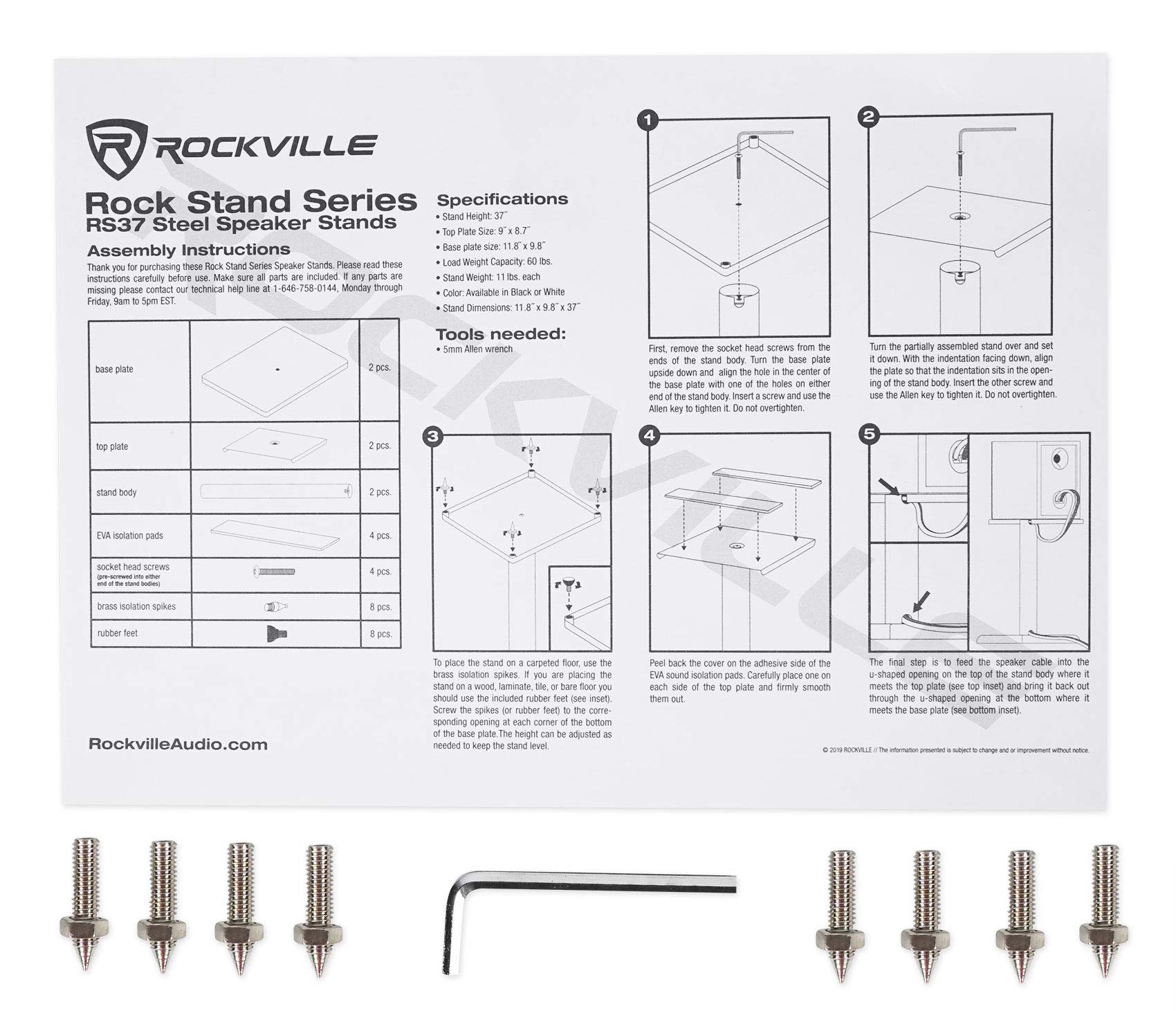 Rockville Pair 37" Steel Bookshelf Speaker/Studio Monitor Stands-White (RS37W V2)