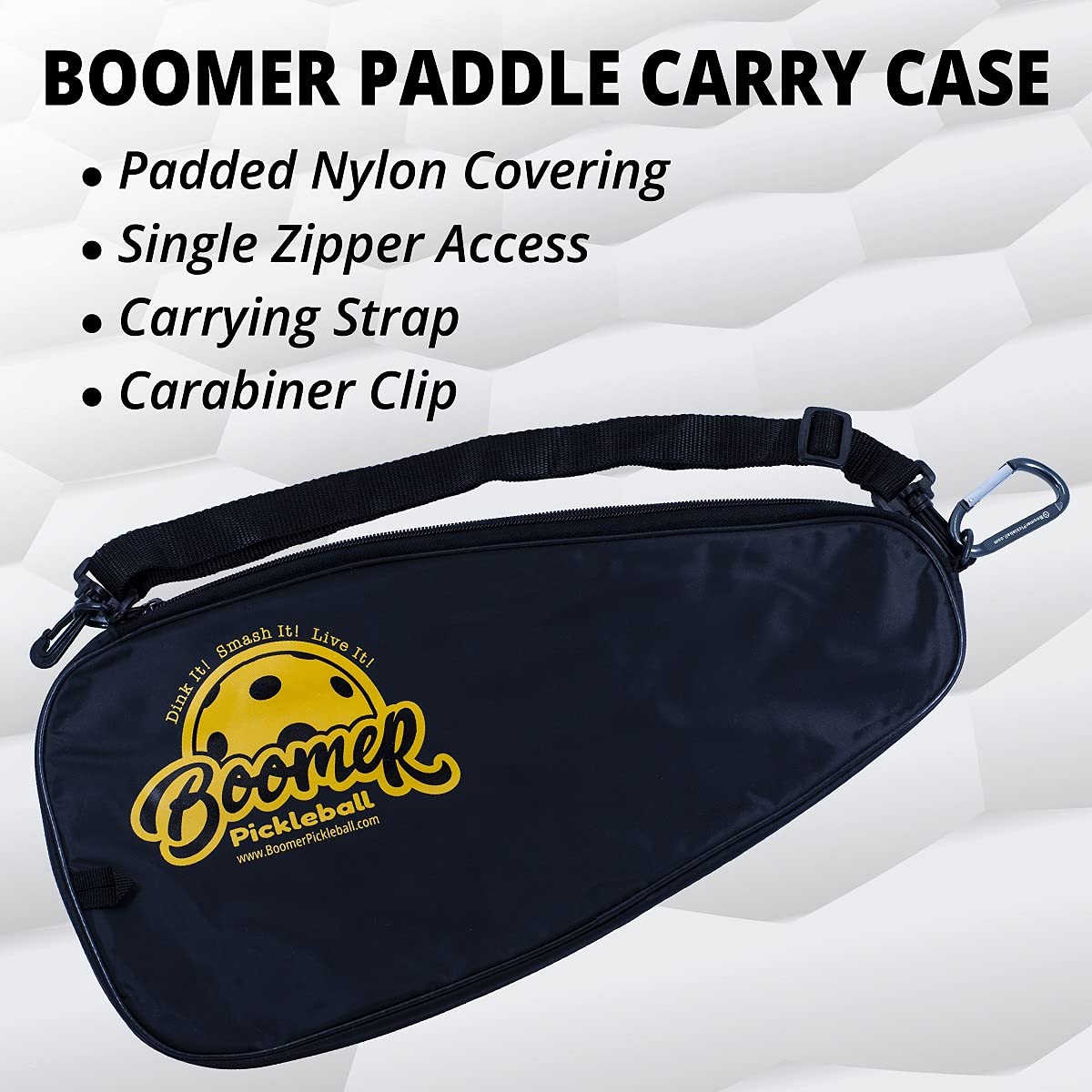 Boomer Pickleball Paddle Carry Case - Keep your paddle clean, dry and protected - Convenient carrying strap and D-clip for attaching to fences and hooks.