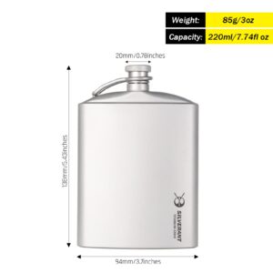 SILVERANT Titanium Hip Flask 220ml/7.74 fl oz, Ultralight Portable Leakproof Pocket Flask Flagon With Screw Cap Clip, Drawstring Cloth Case & Pouring Funnel