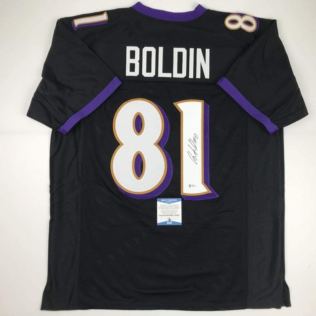 Autographed/Signed Anquan Boldin Baltimore Black Football Jersey Beckett BAS COA