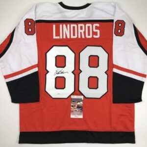 autographed/signed eric lindros philadelphia orange hockey jersey jsa coa