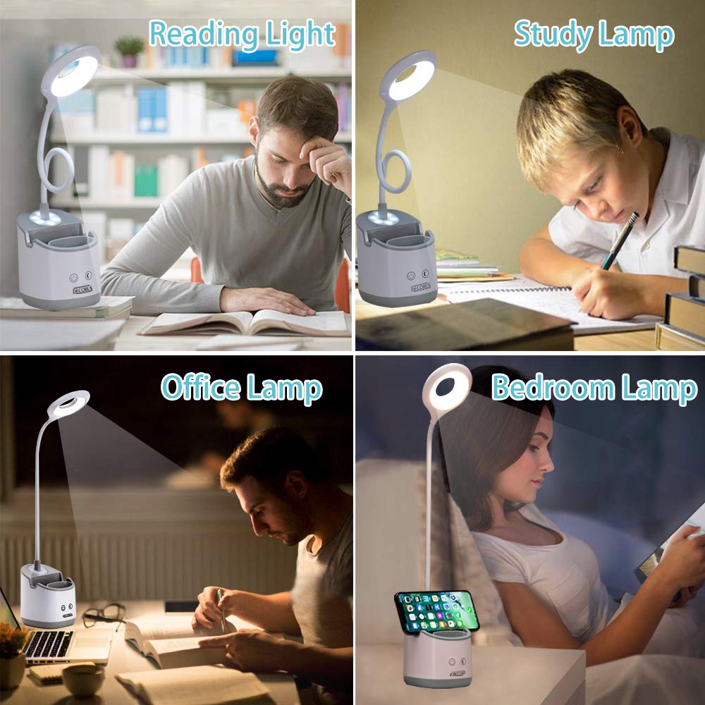 Desk Lamp Kids with Small Night Light LED USB Rechargeable Student Table Lamp Dimmable Eye-caring Cute Study Computer Lamp for Office Dorm, Touch control, Flexible Gooseneck, Phone & Pen Holder (Grey)