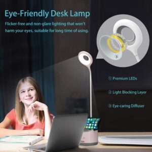 Desk Lamp Kids with Small Night Light LED USB Rechargeable Student Table Lamp Dimmable Eye-caring Cute Study Computer Lamp for Office Dorm, Touch control, Flexible Gooseneck, Phone & Pen Holder (Grey)