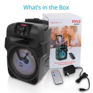 Pyle 400W Portable Bluetooth PA Loudspeaker - 8” Subwoofer System, 4 Ohm/55-20kHz, USB/MP3/FM Radio/ ¼ Mic Inputs, Multi-Color LED Lights, Built-in Rechargeable Battery w/ Remote Control -PPHP844B