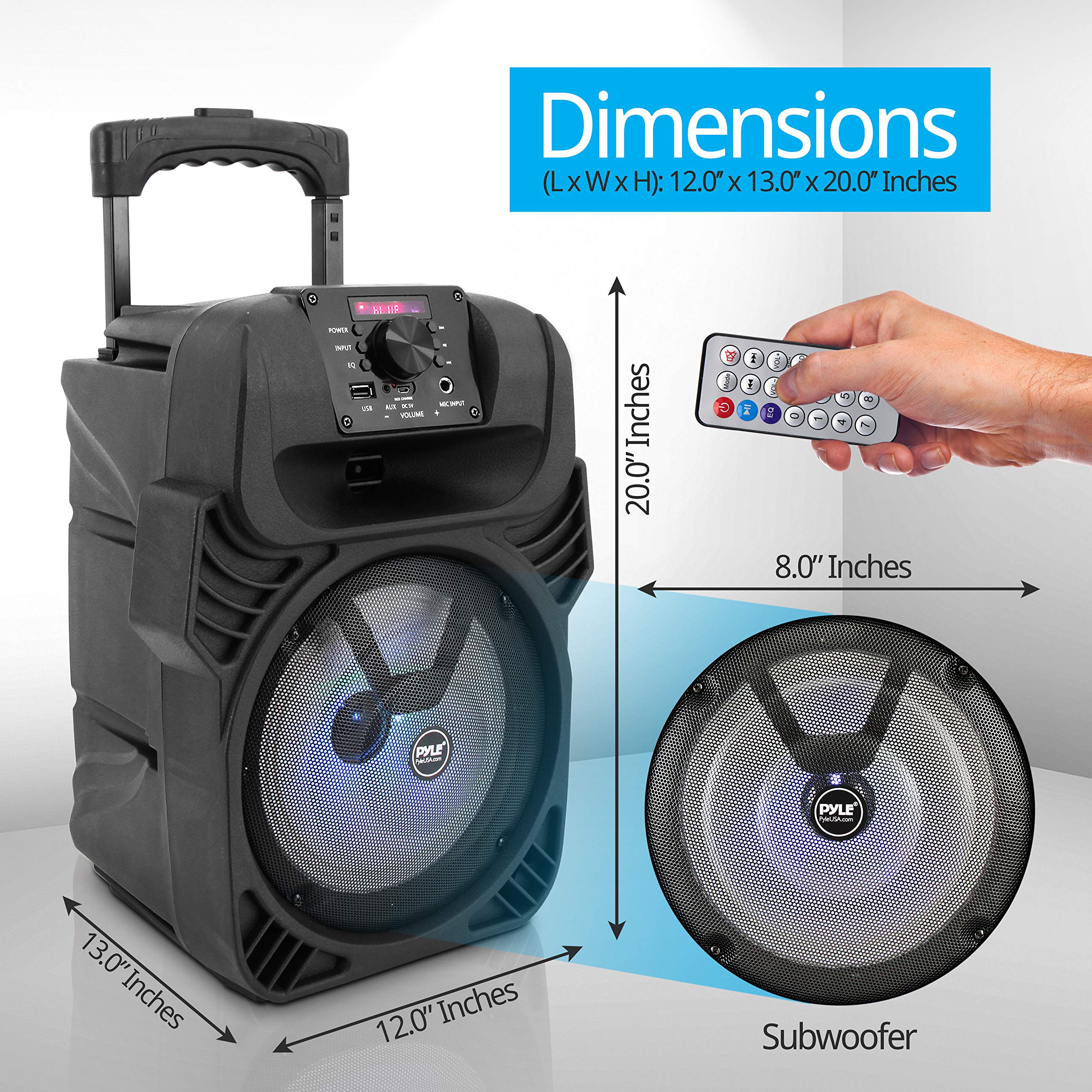 Pyle 400W Portable Bluetooth PA Loudspeaker - 8” Subwoofer System, 4 Ohm/55-20kHz, USB/MP3/FM Radio/ ¼ Mic Inputs, Multi-Color LED Lights, Built-in Rechargeable Battery w/ Remote Control -PPHP844B