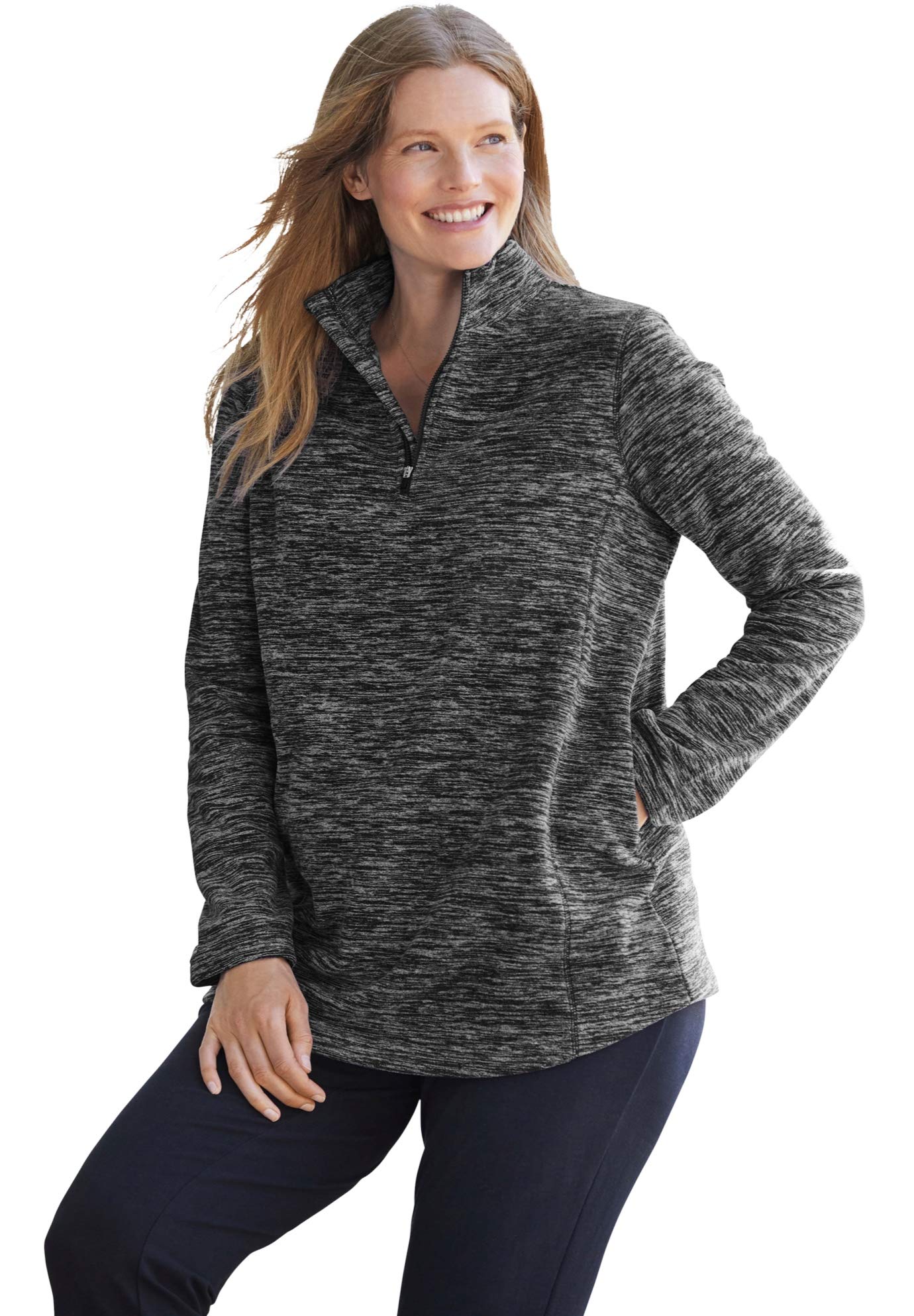 Woman Within Women's Plus Size Microfleece Quarter-Zip Pullover - 3X, Black Marled