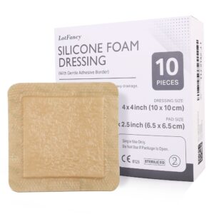 lotfancy silicone foam dressing, 4"x 4" (2.5”x 2.5” pad), 10 count, adhesive wound dressing with border, bed sores, pressure ulcers bandages pads, highly absorbent, waterproof