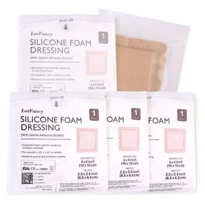 LotFancy Silicone Foam Dressing, 4"x 4" (2.5”x 2.5” Pad), 10 Count, Adhesive Wound Dressing with Border, Bed Sores, Pressure Ulcers Bandages Pads, Highly Absorbent, Waterproof