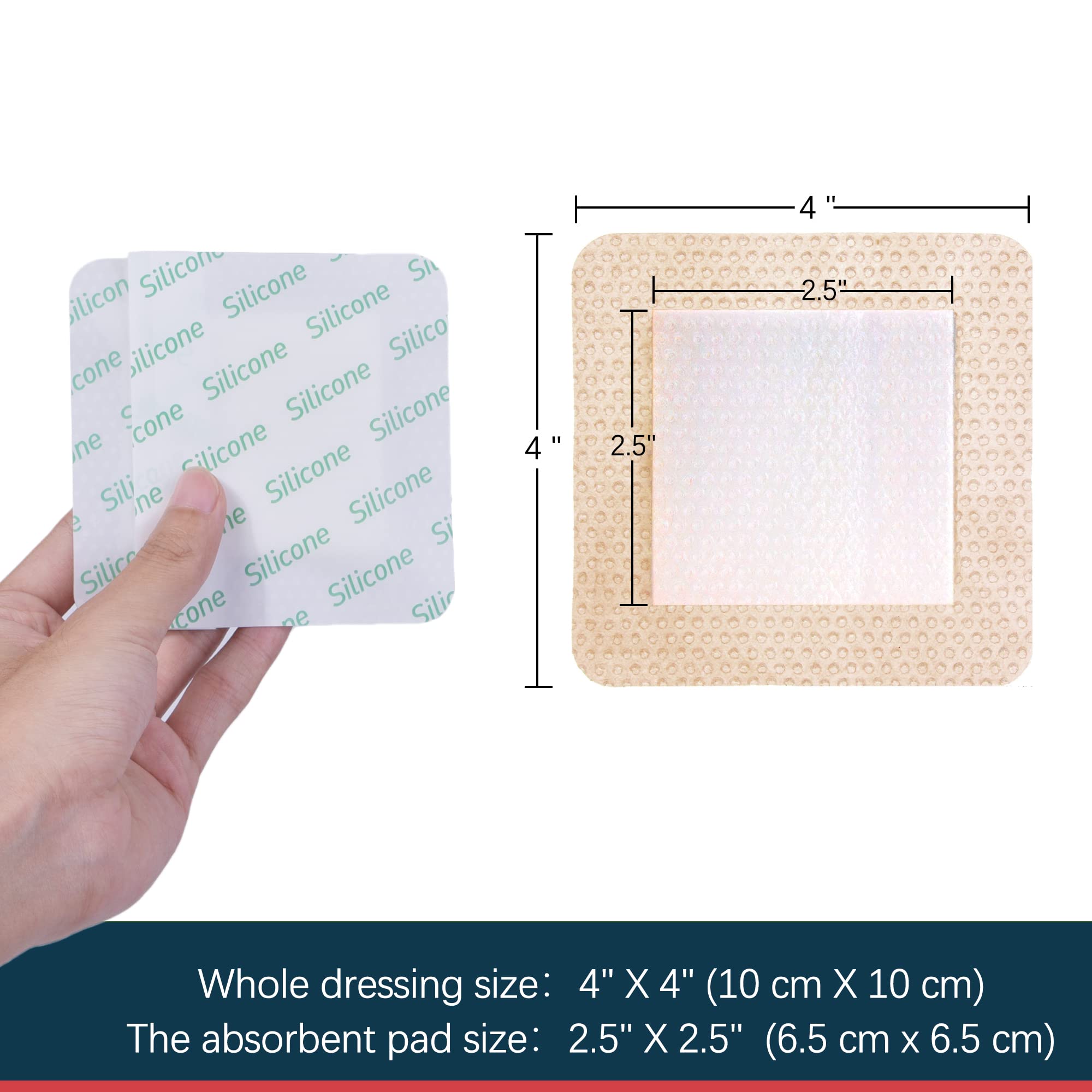 LotFancy Silicone Foam Dressing, 4"x 4" (2.5”x 2.5” Pad), 10 Count, Adhesive Wound Dressing with Border, Bed Sores, Pressure Ulcers Bandages Pads, Highly Absorbent, Waterproof