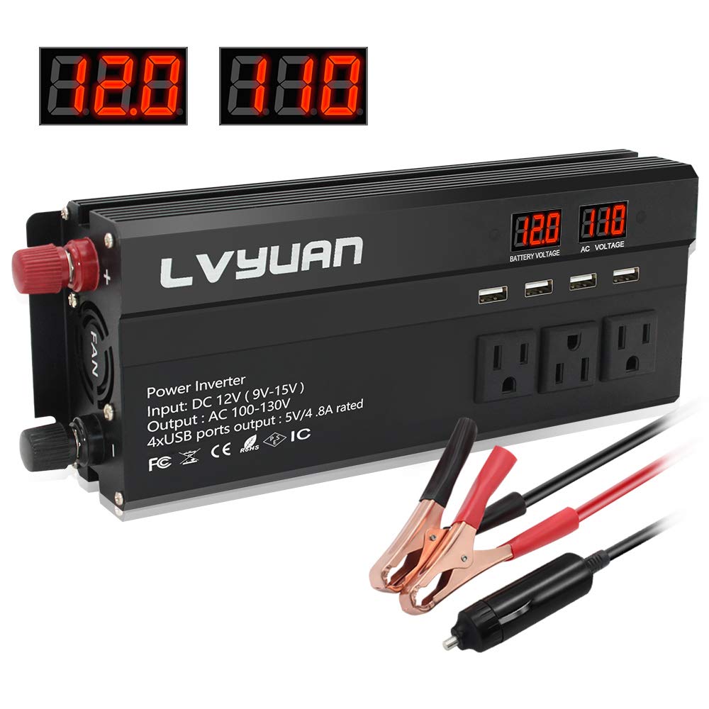 LVYUAN 1000W Car Power Inverter 12V to 110V DC to AC Car Inverter with 3.1A USB Car Adapter, 4 Outlets, Battery Clips, Cigarette Lighter for Car, Home, Outdoor, Camping