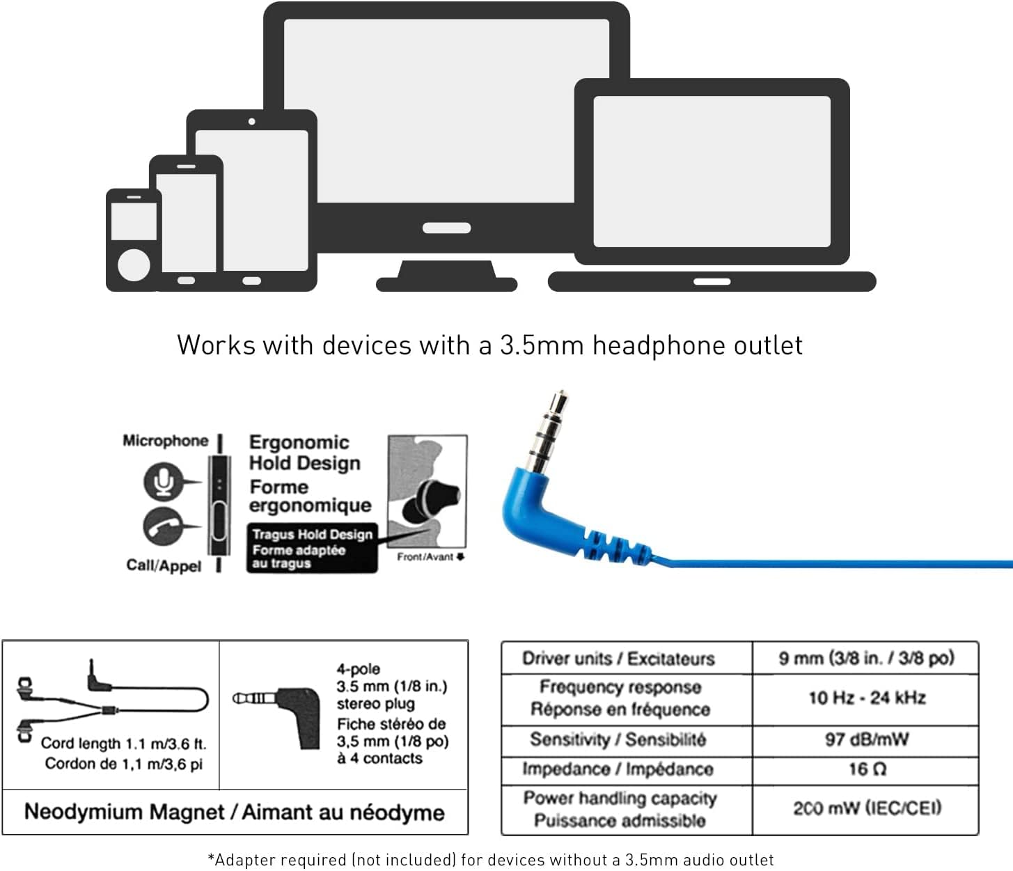 Panasonic ErgoFit Wired Earbuds, in-Ear Headphones with Microphone and Call Controller, Ergonomic Custom-Fit Earpieces (S/M/L), 3.5mm Jack for Phones- RP-TCM125-AA (Metallic Blue)