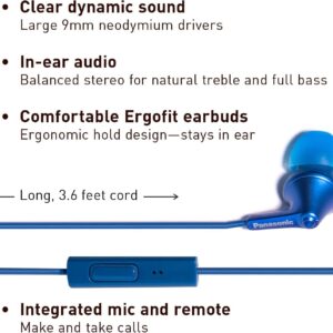 Panasonic ErgoFit Wired Earbuds, in-Ear Headphones with Microphone and Call Controller, Ergonomic Custom-Fit Earpieces (S/M/L), 3.5mm Jack for Phones- RP-TCM125-AA (Metallic Blue)