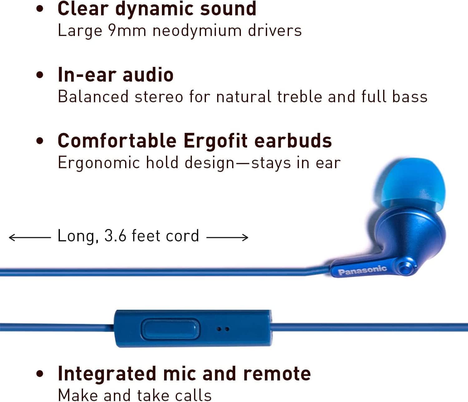 Panasonic ErgoFit Wired Earbuds, in-Ear Headphones with Microphone and Call Controller, Ergonomic Custom-Fit Earpieces (S/M/L), 3.5mm Jack for Phones- RP-TCM125-AA (Metallic Blue)