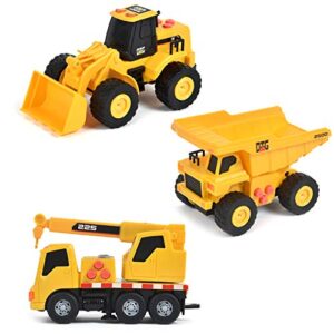 sunny days entertainment mini construction vehicles 3 pack – lights and sounds pull back toy vehicle | includes dump truck front end loader and crane truck – maxx action