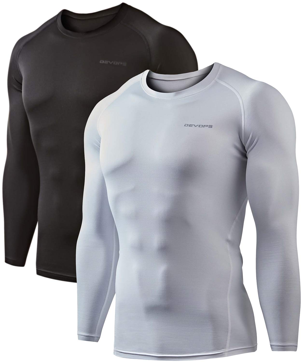 DEVOPS 2 Pack Men's Thermal Long Sleeve Compression Shirts (Large, Black/White)