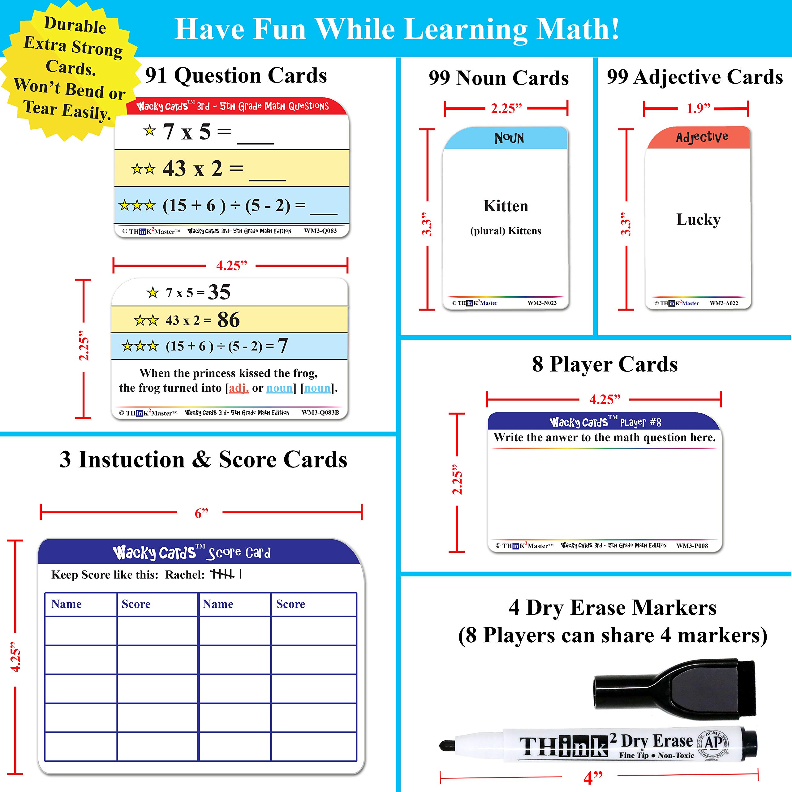 Think2Master Wacky Cards 3rd - 5th Grade. Math Card Game for Families & Classroom. Make Hilarious Sentences While Practicing Math Including Multiplication, Division & Algebra.