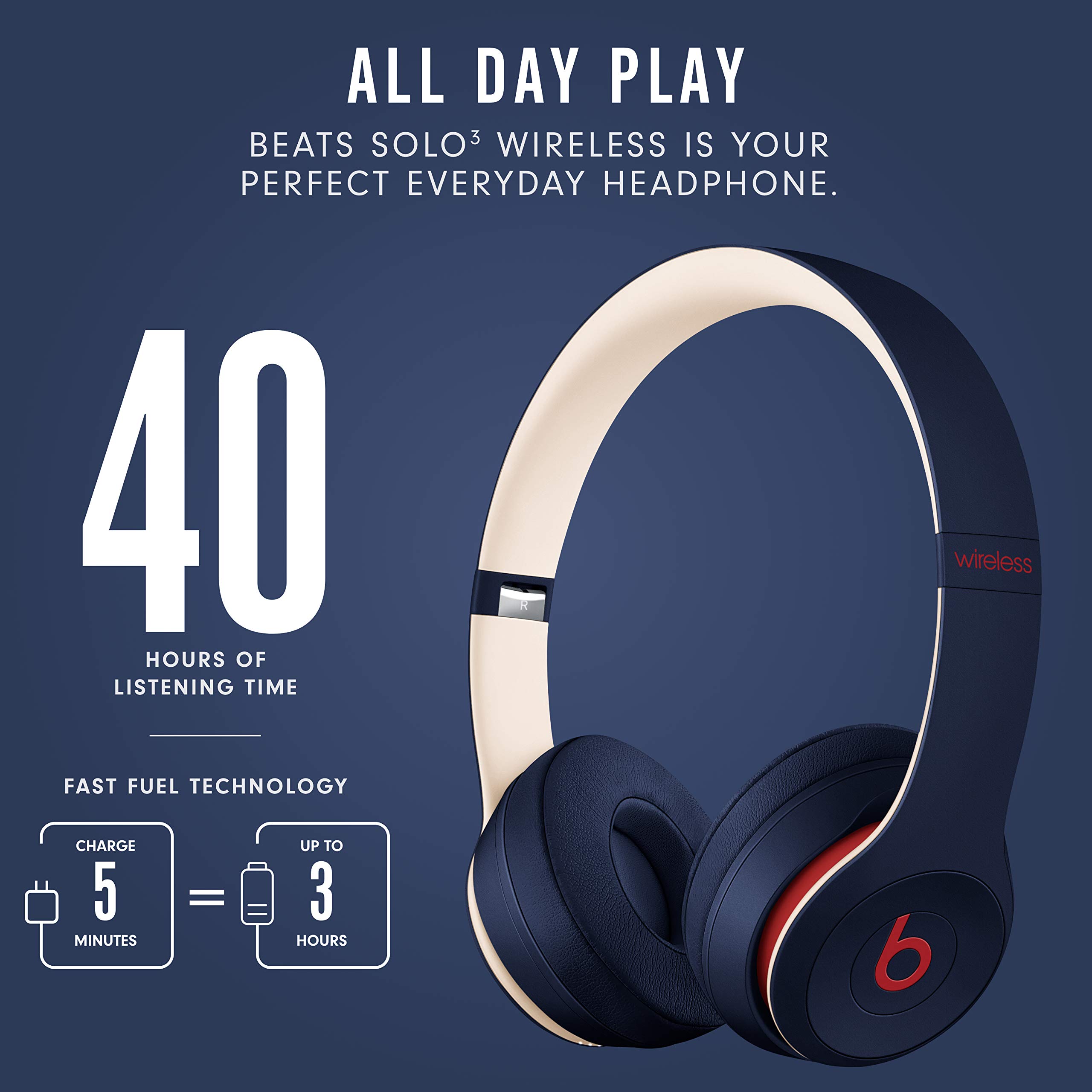 Beats Solo3 Wireless On-Ear Headphones - Apple W1 Headphone Chip, Class 1 Bluetooth, 40 Hours of Listening Time, Built-in Microphone - Club Navy (Latest Model)