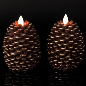 wondise flameless candles with timer, battery operated flickering wick real wax pine cone candles for holiday indoor decoration, set of 2, brown(d3.5 x h4.7 inch)