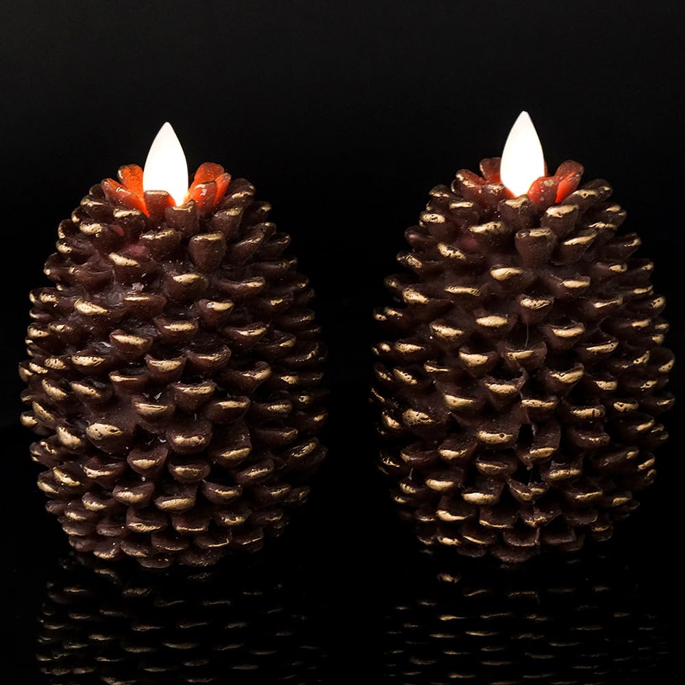 Wondise Flameless Candles with Timer, Battery Operated Flickering Wick Real Wax Pine Cone Candles for Holiday Indoor Decoration, Set of 2, Brown(D3.5 x H4.7 Inch)