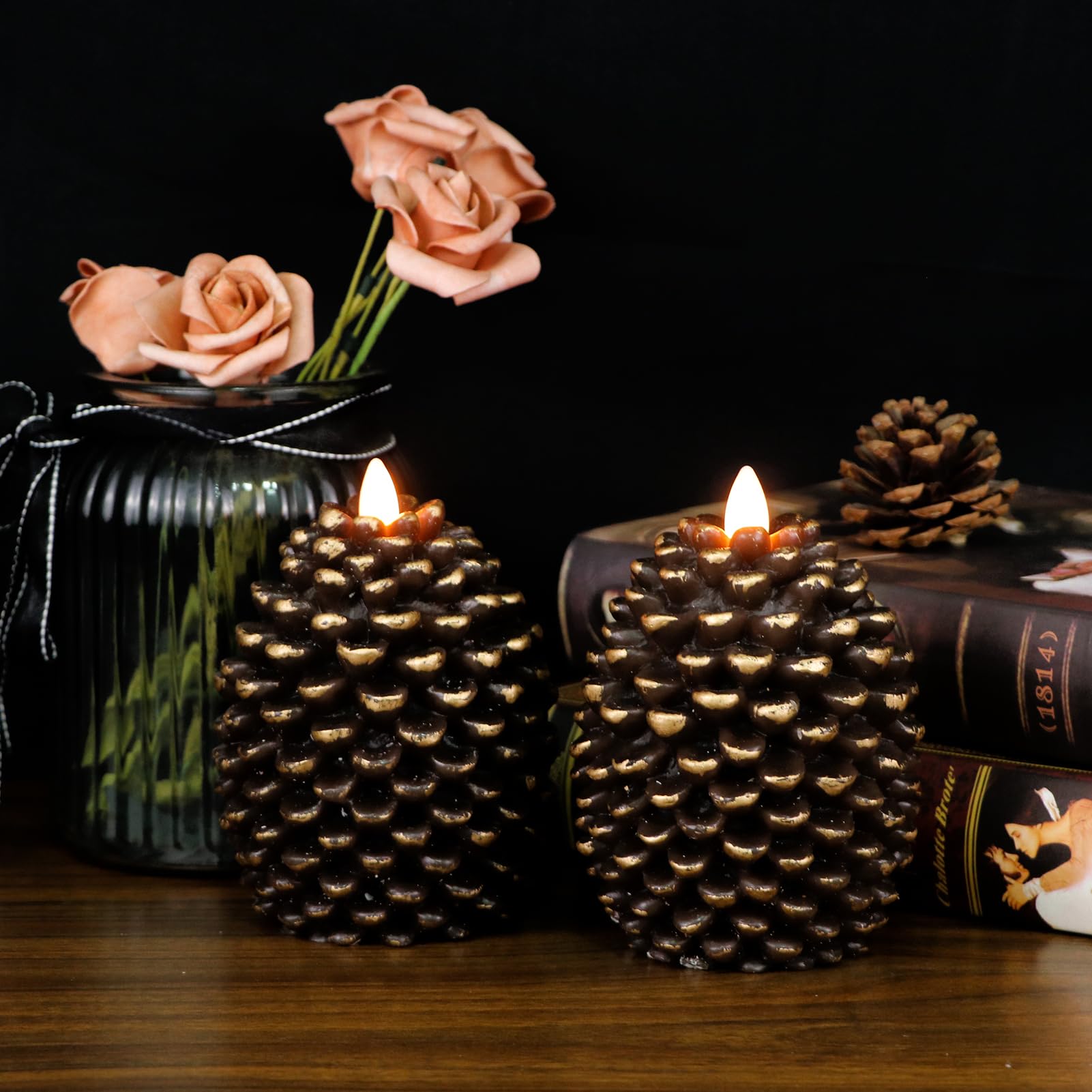 Wondise Flameless Candles with Timer, Battery Operated Flickering Wick Real Wax Pine Cone Candles for Holiday Indoor Decoration, Set of 2, Brown(D3.5 x H4.7 Inch)