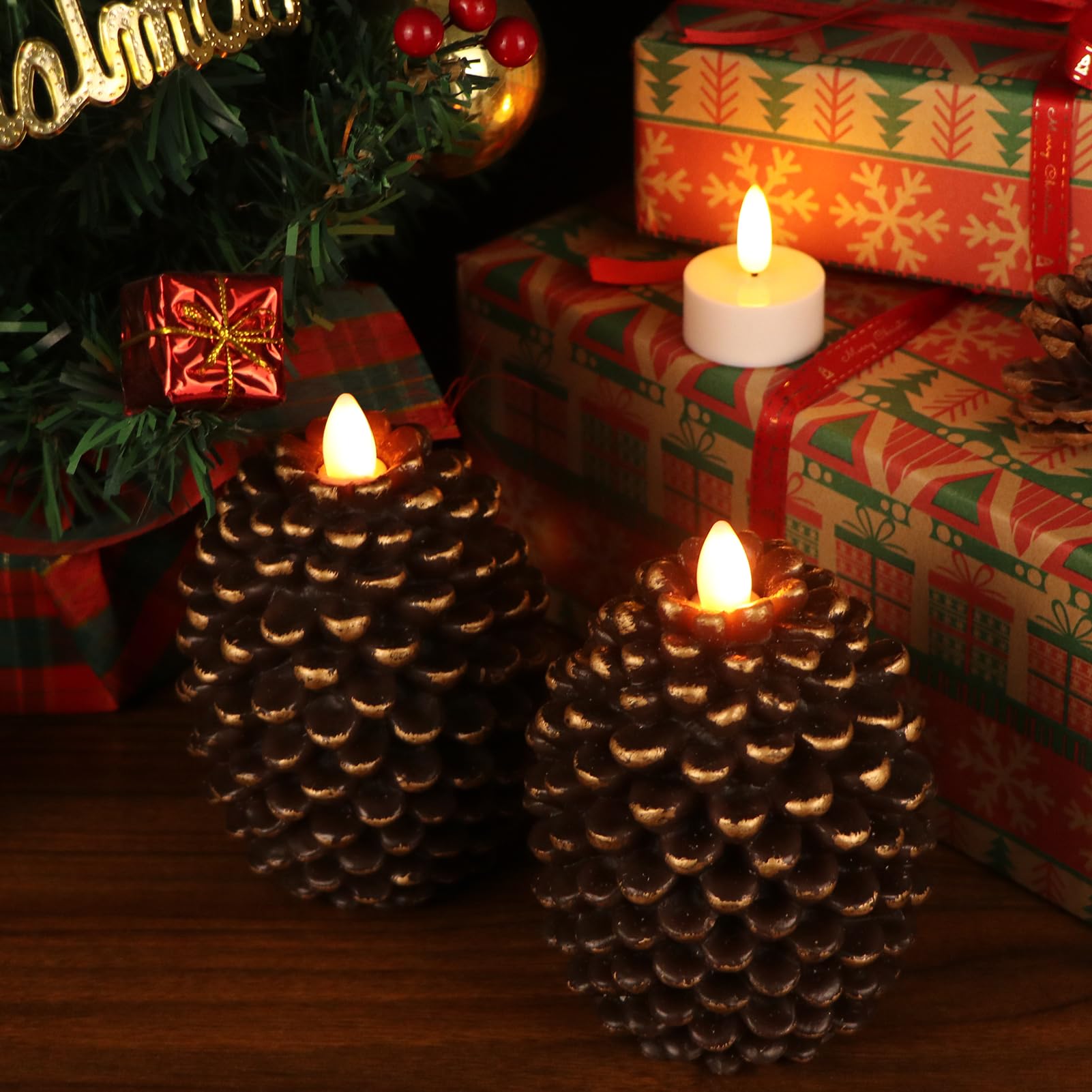 Wondise Flameless Candles with Timer, Battery Operated Flickering Wick Real Wax Pine Cone Candles for Holiday Indoor Decoration, Set of 2, Brown(D3.5 x H4.7 Inch)
