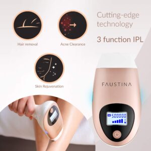 FAUSTINA 3-in-1 IPL (3 Lamps 1,500,000 Shots) Hair Removal, Skin Rejuvenation, and Acne Clearance Device - Completely Painless - Full Results After 3-7 Treatments - Free Pouch & Sunglasses.