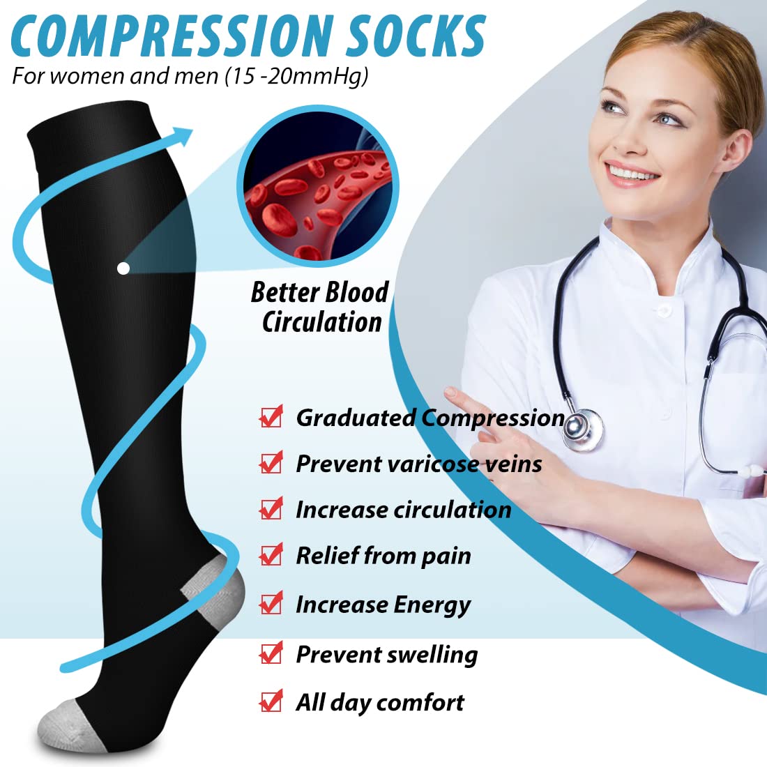 BLUEENJOY Copper Compression Socks for Women & Men (6 pairs) - Best Support for Nurses, Running, Hiking, Recovery