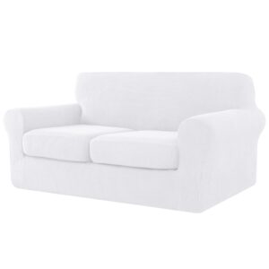 chun yi 3 pieces stretch loveseat sofa cover for 2 seater couch, washable soft sofa slipcover with 2 separate seat cushion covers for dogs, checks spandex jacquard fabric, medium, white