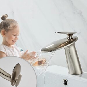 Wovier Brushed Nickel Waterfall Bathroom Sink Faucet,Single Handle Single Hole Brass Lavatory Vanity Faucet,Slanted Body Basin Mixer Tap with Supply Hose