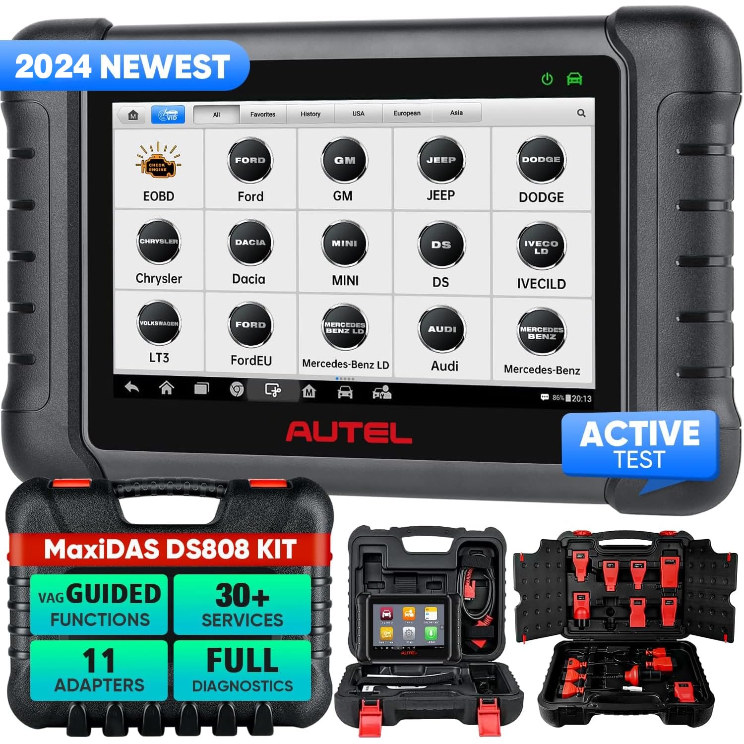 Autel MaxiDAS DS808 KIT: 2024 Classic Full System Bidirectional & Functional Tests Scan Tool, w/ $200-Valued Adaptors, Upgrade of DS708 ECU Coding as MaxiSYS MS906 31+ Service Support AutoAuth MV108S