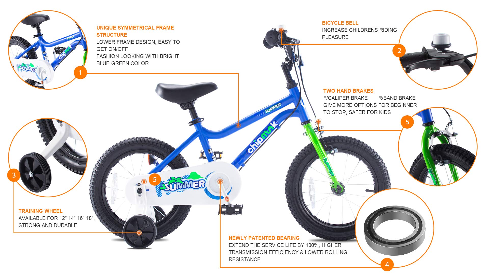 RoyalBaby Summer Kids Bike 18 Inch Boys Bicycle with Training Wheel Dual Handbrakes Ages 5-9 Years, 18" Blue