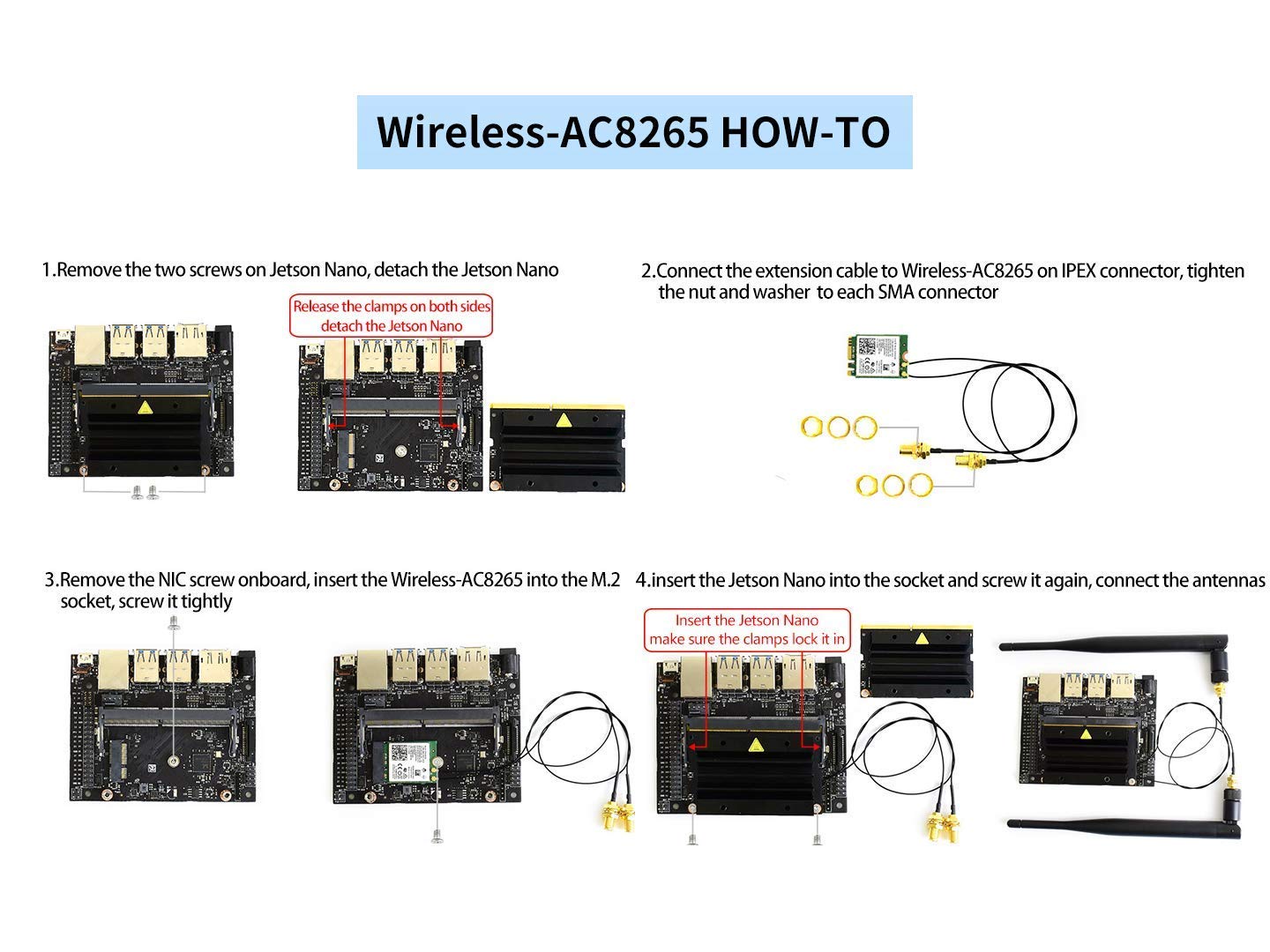 Wireless-AC8265 Dual Mode AC8265 Wireless NIC Module for Jetson Nano Developer Kit M.2 NGFF Support 2.4GHz / 5GHz 300Mbps / 867Mbps Dual Band WiFi and Bluetooth 4.2