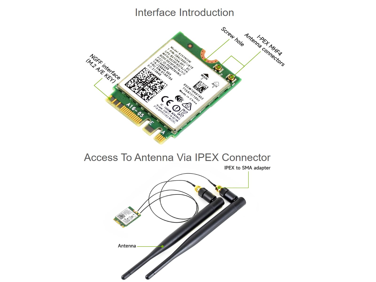 Wireless-AC8265 Dual Mode AC8265 Wireless NIC Module for Jetson Nano Developer Kit M.2 NGFF Support 2.4GHz / 5GHz 300Mbps / 867Mbps Dual Band WiFi and Bluetooth 4.2