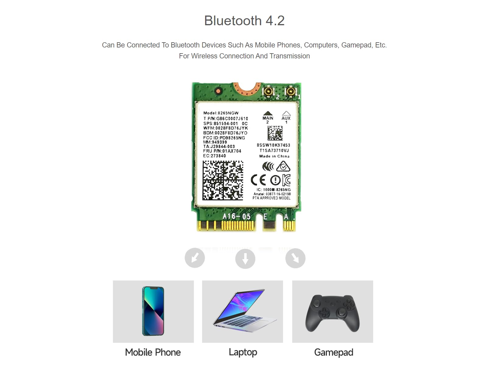 Wireless-AC8265 Dual Mode AC8265 Wireless NIC Module for Jetson Nano Developer Kit M.2 NGFF Support 2.4GHz / 5GHz 300Mbps / 867Mbps Dual Band WiFi and Bluetooth 4.2