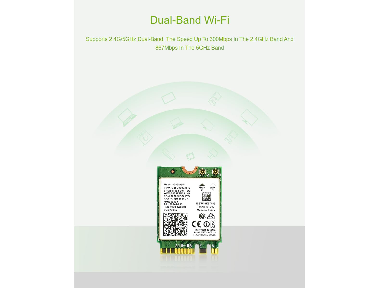 Wireless-AC8265 Dual Mode AC8265 Wireless NIC Module for Jetson Nano Developer Kit M.2 NGFF Support 2.4GHz / 5GHz 300Mbps / 867Mbps Dual Band WiFi and Bluetooth 4.2