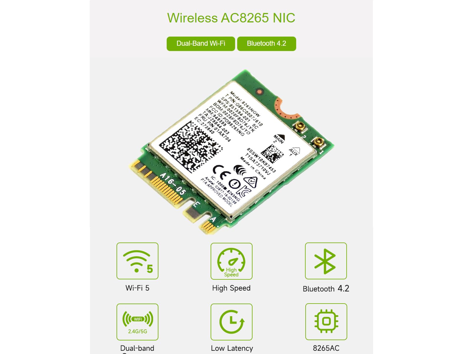 Wireless-AC8265 Dual Mode AC8265 Wireless NIC Module for Jetson Nano Developer Kit M.2 NGFF Support 2.4GHz / 5GHz 300Mbps / 867Mbps Dual Band WiFi and Bluetooth 4.2