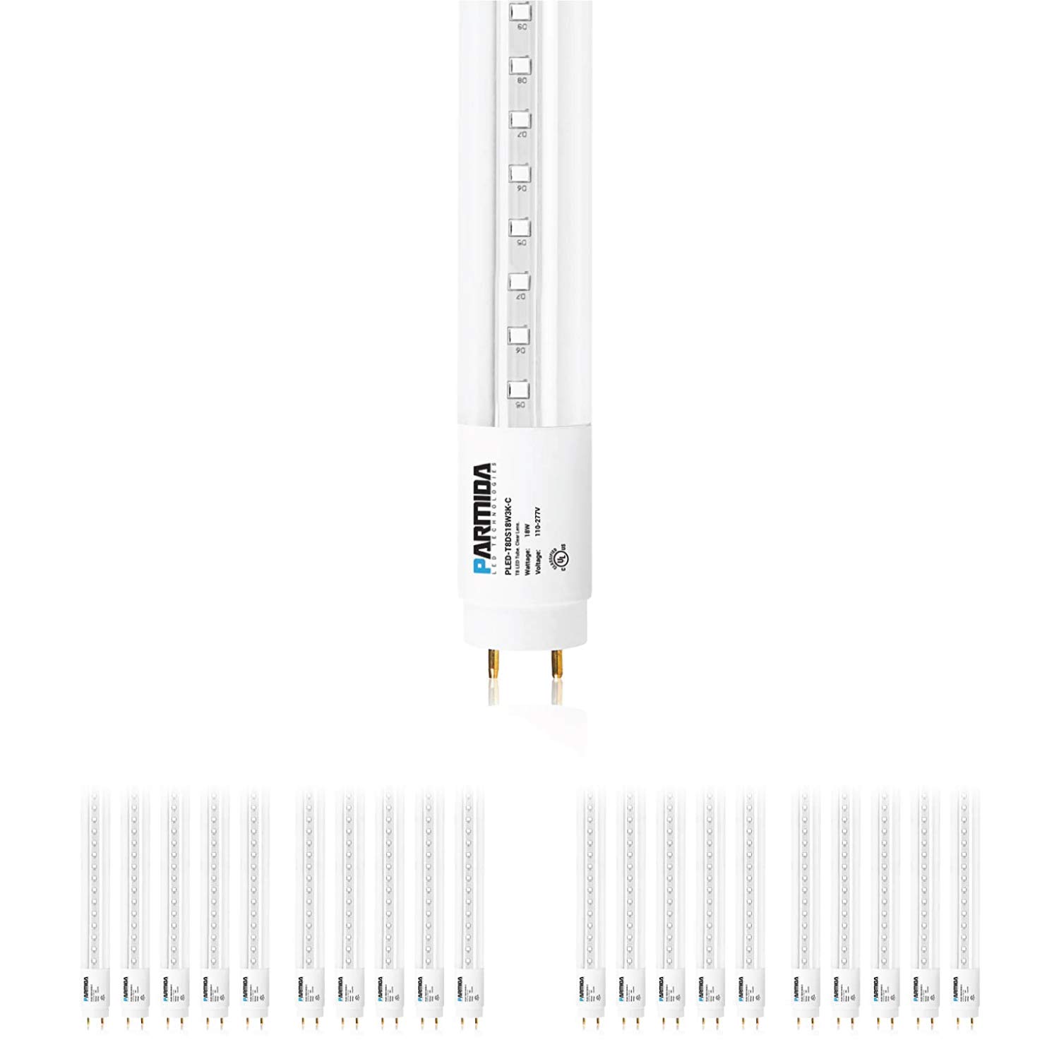 PARMIDA 20-Pack 4FT LED T8 Ballast Bypass Type B Light Tube, 18W, UL-Listed for Single-Ended & Dual-Ended Connection, 2200lm, Clear Lens, T8 T10 T12, UL, FCC - 4000K
