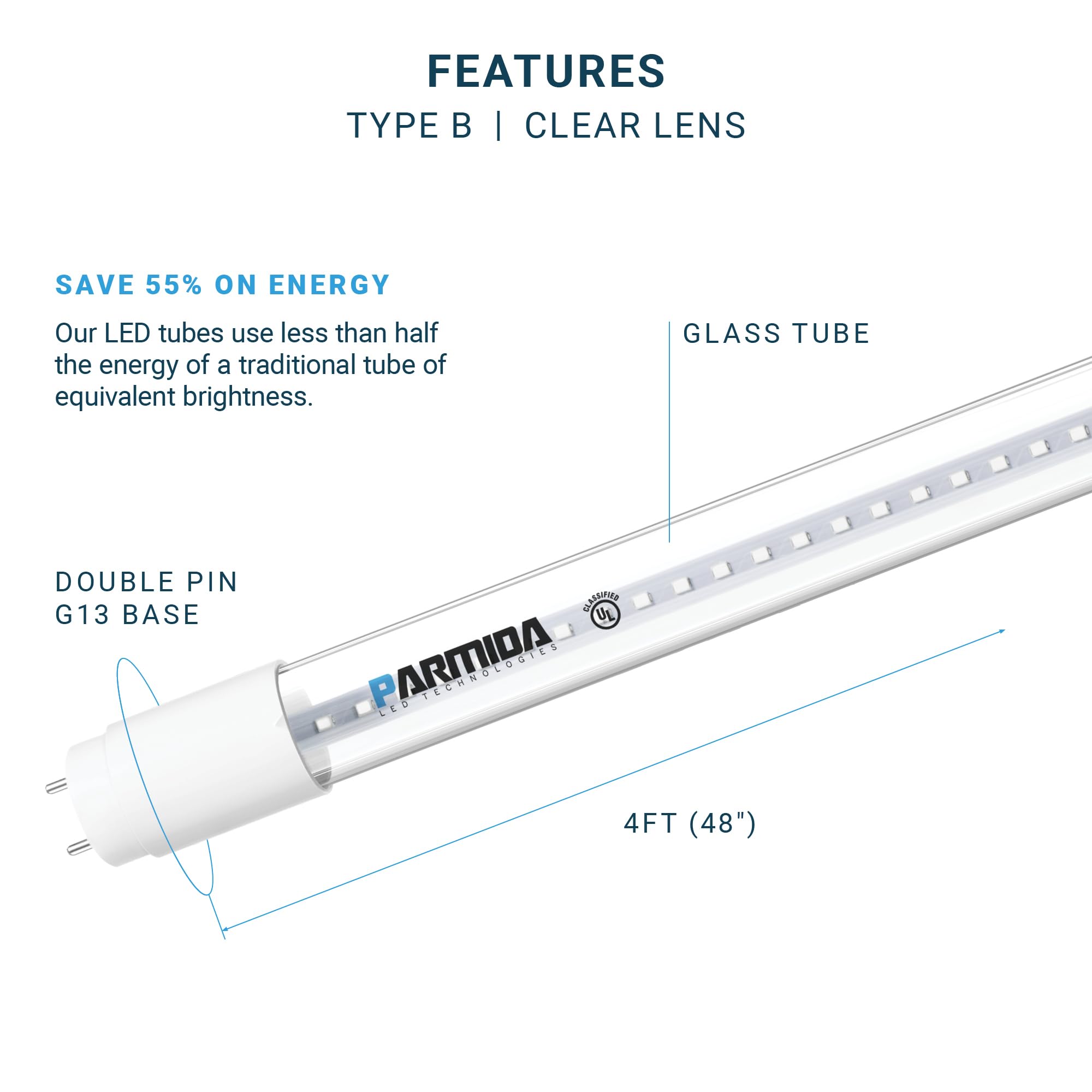 PARMIDA 20-Pack 4FT LED T8 Ballast Bypass Type B Light Tube, 18W, UL-Listed for Single-Ended & Dual-Ended Connection, 2200lm, Clear Lens, T8 T10 T12, UL, FCC - 4000K