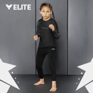 Elite Sports Kids MMA BJJ Athletic Spats Leggings Tights, Kids Jiu Jitsu Compression Base Layer Training Workout Pants (Black, Medium)